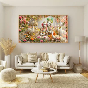 Luxury Radha Krishna & Peacocks Floral Acrylic Wall Art