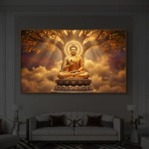 Golden Lord Buddha Meditation Premium Backlight Horizontal Wallart