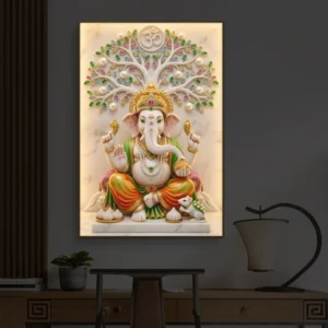 Marble Finish Lord Ganesha Premium Backlight Vertical Wallart
