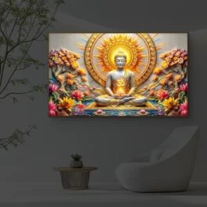Golden Meditating Buddha Premium Backlit Horizontal Wallart