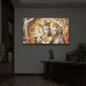 Premium3D Radha Krishna Marble-Style Backlight Horizontal Wallart