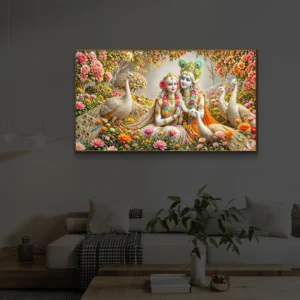 Luxury Radha Krishna & Peacocks Floral Backlight Horizontal Wallart