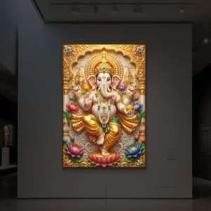 Golden Ganesha on Lotus - Luxury Backlight Vertical Wallart