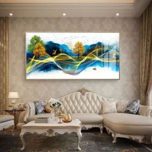 Blue & Gold Abstract Deer Landscape Premium Acrylic Wall Art