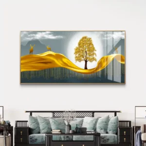 Golden Tree & Deer Abstract Premium Acrylic Wall Art