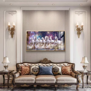 7 Running White Horses in Galaxy - Premium Acrylic Wall Art