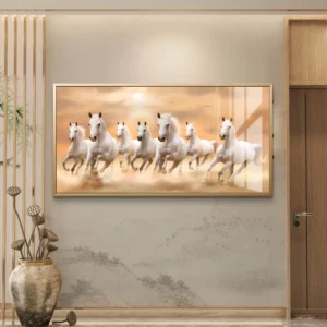 Transform your space with Golden Spirit White Horses Premium Acrylic Wall Art. Crafted with high-gloss premium acrylic, this luxury wall decor features graceful white horses running through golden clouds, adding